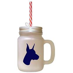 Navy Doberman Pinscher Silhouette Frosted Glass Mason Jar With Straw