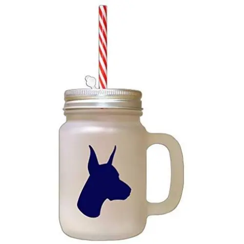 Navy Doberman Pinscher Silhouette Frosted Glass Mason Jar With Straw