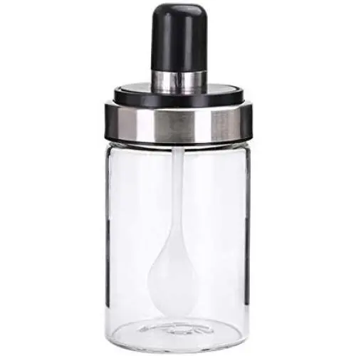 Glas Gewürzflasche Salzbehälter Spice Jar mit Löffel – Kreative Edelstahl-Aufbewahrungsbox für die Küche