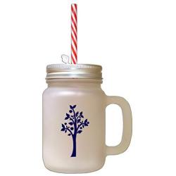 Navy Tree #3 Frosted Glass Mason Jar With Straw