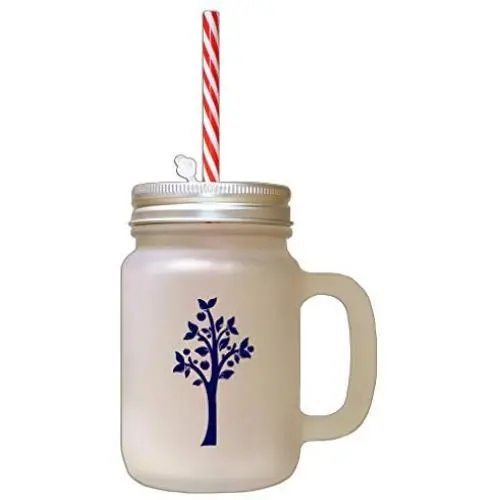 Navy Tree #3 Frosted Glass Mason Jar With Straw Navy Tree #3 Frosted Glass Mason Jar With Straw