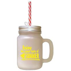 Yellow Enjoy The Sweet Taste Of Summer Frosted Glass Mason Jar With Straw