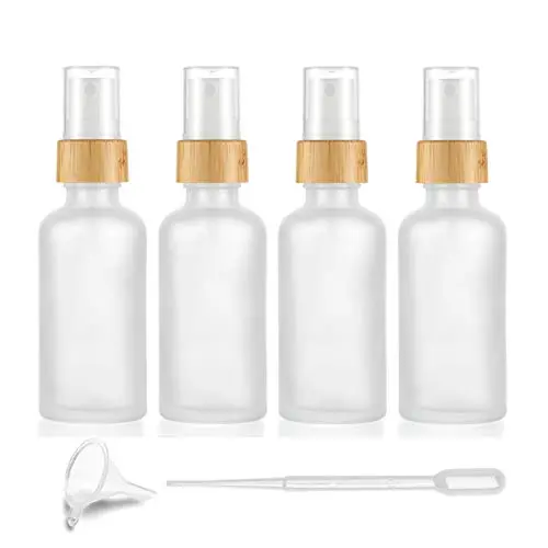 4er Set Frostiges Glas Feiner Nebelsprüher, Leere Glas-Sprayflaschen mit Naturholzbamboo-Pumpenkopf, Reise-Duft-Flüssigkeitsbehälter, Kosmetikflaschen - 1 Pipette & Funnel enthalten (50ml/1,7 Ounce)