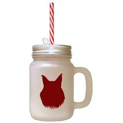 Maroon Maine Coon Cat Head Silhouette Frosted Glass Mason Jar With Straw