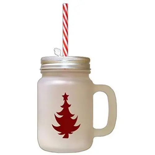 Maroon Christmas Tree #6 Frosted Glass Mason Jar With Straw Maroon Christmas Tree #6 Frosted Glass Mason Jar With Straw