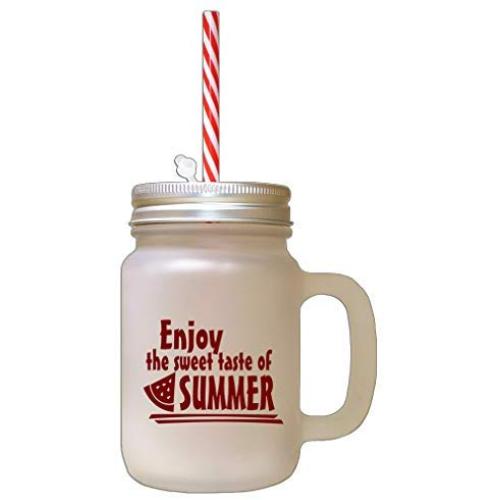 Maroon Enjoy The Sweet Taste Of Summer Frosted Glass Mason Jar With Straw