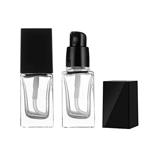 2PCS Clear Empty Portable Square Glass Pump Bottle Jars with Black Cap BB CC Cream Lotion Liquid Foundation Travel Packing Vials Essential Oil Toiletries Toner Liquid Storage Containers Dispenser