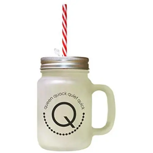 Black Alphabet Q, Queen Quack Quite Quick Frosted Glass Mason Jar With Straw Black Alphabet Q, Queen Quack Quite Quick Frosted Glass Mason Jar With Straw