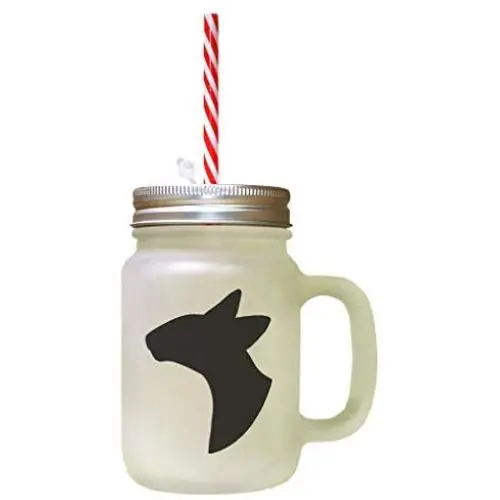 Schwarze Oriental Shorthair Katze Köpfsilhouette aus Frostglas Mason Jar mit Strohhalse.