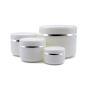 An empty white silver-rimmed portable refillable plastic cosmetic cosmetic cream jar with lining and dome cover. Sample container bottle jar 4 pieces (250ml 100ml 50ml 20ml)