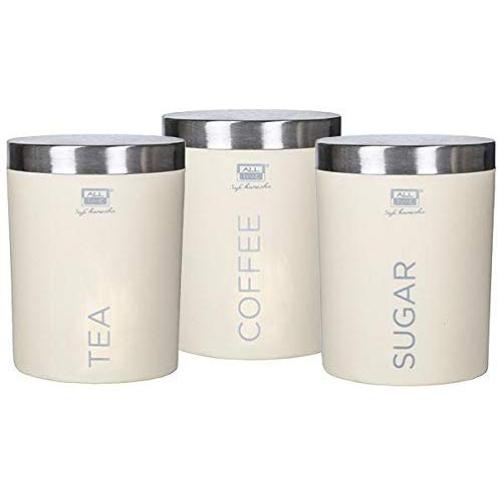 Satisfactory Nation 3 Piece Tea Coffee Sugar Containers Set Canisters Set with Stainless Steel Lid Off-White