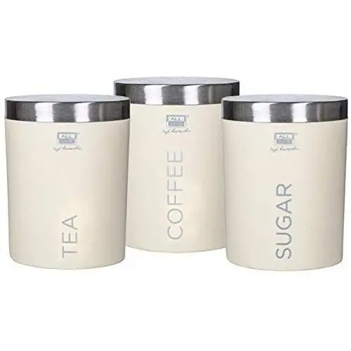 Satisfactory Nation 3 Piece Tea Coffee Sugar Containers Set Canisters Set with Stainless Steel Lid Off-White
