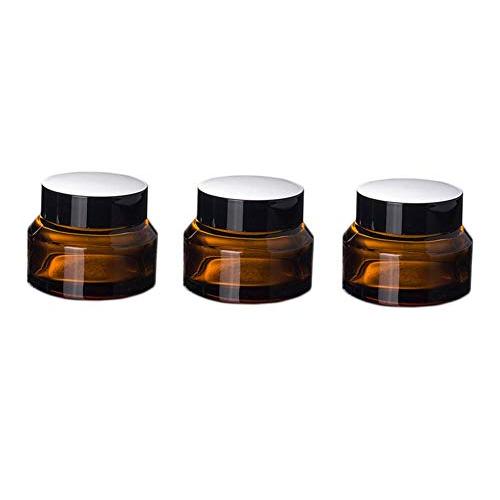 3Pcs Upscale Empty Refillable Amber Glass Bottles Face Cream Lotion Eye Shadow Nail Make Up Powder Storage Sample Packing Container Jar With Black Plastic Lids And Inner Disc size 30ml/1oz