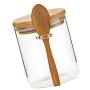 Povinmos Sugar Dispenser with Bamboo Lid and Spoon Clear Sealed Canister Container for Loose Tea Salt Sugar Coffee Bean Preservation