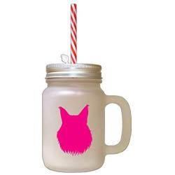 Hot Pink Maine Coon Cat Head Silhouette Frosted Glass Mason Jar With Straw