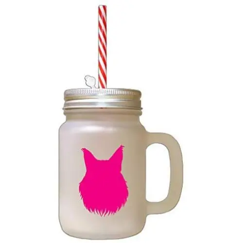 Hot Pink Maine Coon Cat Head Silhouette Frosted Glass Mason Jar With Straw