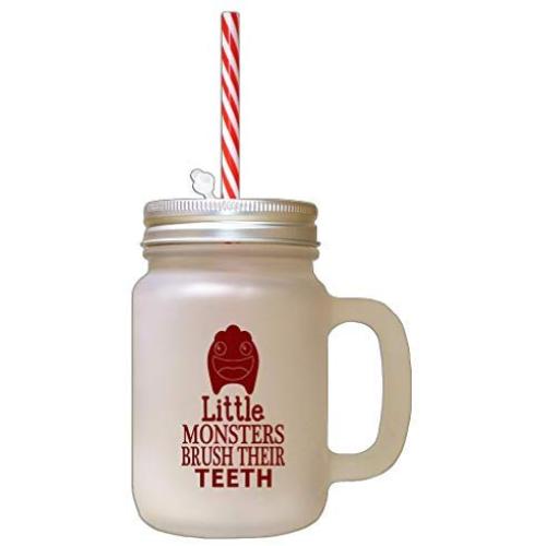 Maroon Little Monsters Brush Their Teeth Frosted Glass Mason Jar With Straw