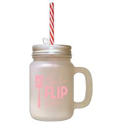 Soft Pink DonT Flip Out Frosted Glass Mason Jar With Straw