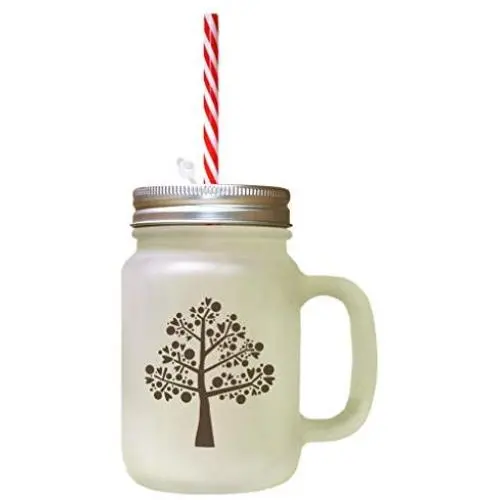 Brown Love Tree Frosted Glass Mason Jar With Straw Brown Love Tree Frosted Glass Mason Jar With Straw