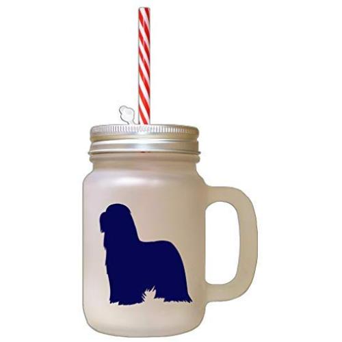 Navy Bearded Collie Silhouette Frosted Glass Mason Jar With Straw