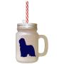 Navy Bearded Collie Silhouette Frosted Glass Mason Jar With Straw