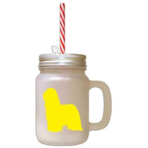Yellow Bearded Collie Silhouette Frosted Glass Mason Jar With Straw