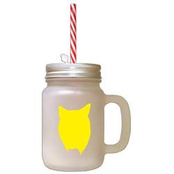 Yellow Domestic Longhair Cat Head Silhouette #2 Frosted Glass Mason Jar With Straw