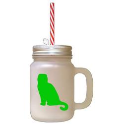 Green Scotish Fold Cat Silhouette Frosted Glass Mason Jar With Straw