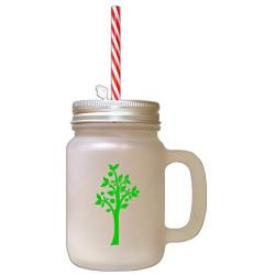 Green Tree #3 Frosted Glass Mason Jar With Straw