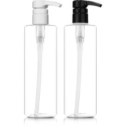 BAR5F Plastic Lotion Bottles with Black & White Pump Dispensers, 16 oz | Leak Proof, Empty Clear Cylinder, Refillable, BPA Free for Shampoo, Moisturizer, Face Cream, Liquid Hand Soap | Pack of 2