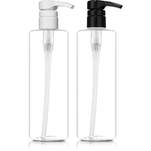 BAR5F Plastic Lotion Bottles with Black & White Pump Dispensers, 16 oz | Leak Proof, Empty Clear Cylinder, Refillable, BPA Free for Shampoo, Moisturizer, Face Cream, Liquid Hand Soap | Pack of 2