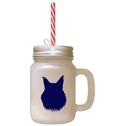 Navy Maine Coon Cat Head Silhouette Frosted Glass Mason Jar With Straw