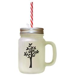 Black Tree #3 Frosted Glass Mason Jar With Straw