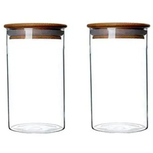 2 Piece Clear Glass Canister Food Storage Jar With Airtight Wood Lids Air Tight Storage Containers for Coffee Bean Loose Leaf Tea Containers Sugar Cookies Dry Fruit Nuts Candy Jars size 350ML/11.7oz