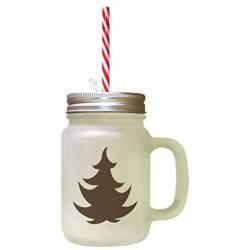 Brown Christmas Tree #4 Frosted Glass Mason Jar With Straw