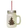 Brown Christmas Tree #4 Frosted Glass Mason Jar With Straw