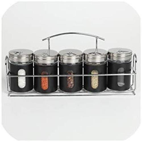 6Pcs Stainless Steel Spice Storage Jar Bottle Barbecue Seasoning Storage Shelves For Kitchen Seasoning Storage Organizer,Five Black