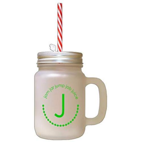 Green Alphabet J, Jam Jar Jump Job Juice Frosted Glass Mason Jar With Straw