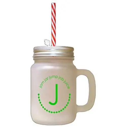 Green Alphabet J, Jam Jar Jump Job Juice Frosted Glass Mason Jar With Straw Green Alphabet J, Jam Jar Jump Job Juice Frosted Glass Mason Jar With Straw