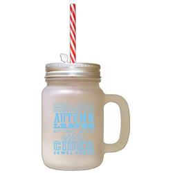 Light Blue Autumn Leaves Butternut Squash Apples Cinder Frosted Glass Mason Jar With Straw