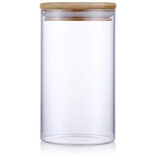 Fairbridge Clear Glass Snack Sugar Tea Storage Jar Bottle Round Shape Glass Food Storage Jar Set Kitchen Canister with Airtight Bamboo Lid Seal (Medium size)