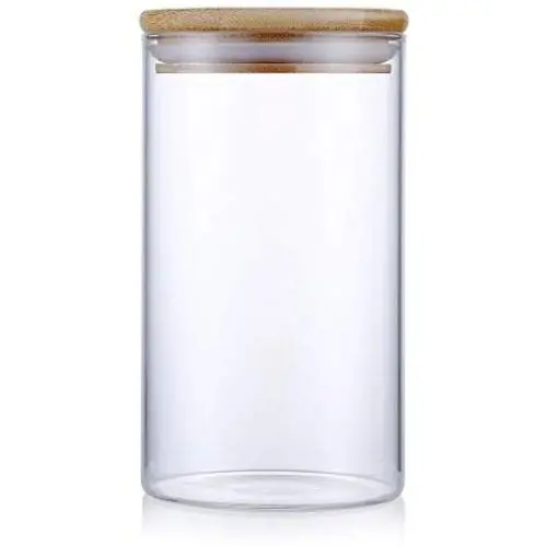 Fairbridge Clear Glass Snack Sugar Tea Storage Jar Bottle Round Shape Glass Food Storage Jar Set Kitchen Canister with Airtight Bamboo Lid Seal (Medium size)