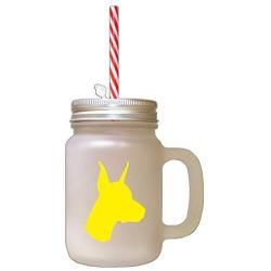 Yellow Doberman Pinscher Silhouette Frosted Glass Mason Jar With Straw