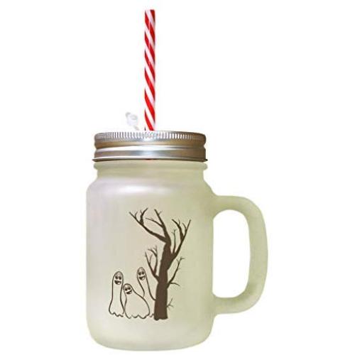 Brown Tree Ghosts Boo Halloween Frosted Glass Mason Jar With Straw