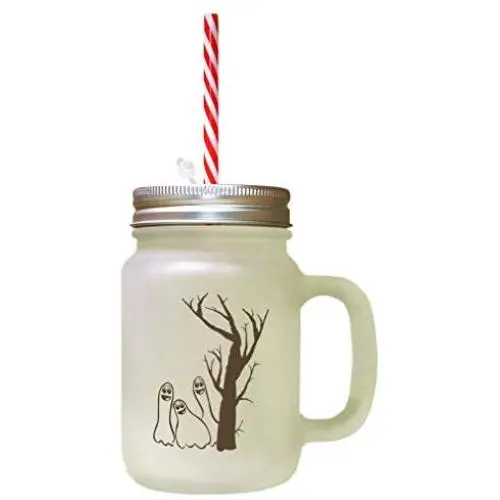 Brown Tree Ghosts Boo Halloween Frosted Glass Mason Jar With Straw Brown Tree Ghosts Boo Halloween Frosted Glass Mason Jar With Straw