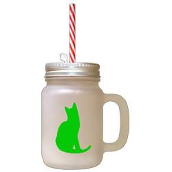 Green Tonkinese Cat Silhouette #1 Frosted Glass Mason Jar With Straw