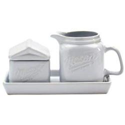 Mason Craft & More White Collection- White Ceramic Kitchen Table Cloth, White Milk & Sugar Set with Tray