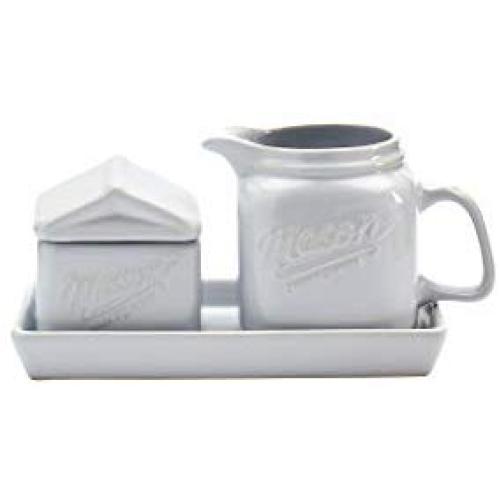 Mason Craft & More White Collection- White Ceramic Kitchen Table Cloth, White Milk & Sugar Set with Tray