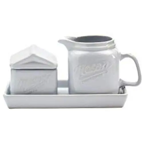 Mason Craft & More White Collection- White Ceramic Kitchen Table Cloth, White Milk & Sugar Set with Tray Mason Craft & More White Collection- White Ceramic Kitchen Table Cloth, White Milk & Sugar Set with Tray