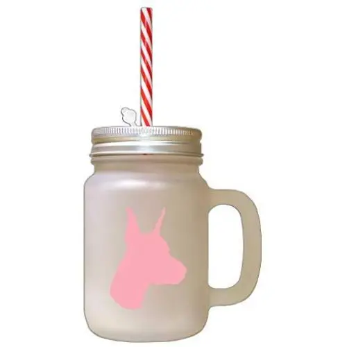 Soft Pink Doberman Pinscher Silhouette Frosted Glass Mason Jar With Straw Soft Pink Doberman Pinscher Silhouette Frosted Glass Mason Jar With Straw